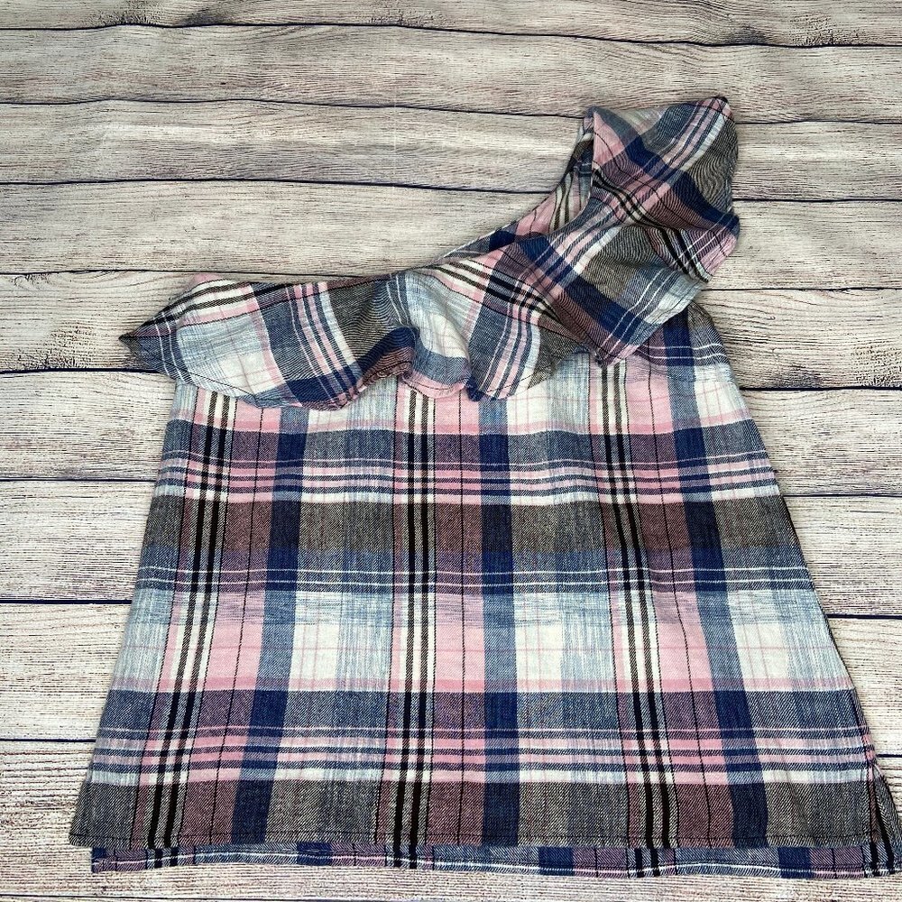 Anthro Cloth & Stone Plaid One Shoulder Ruffle Top